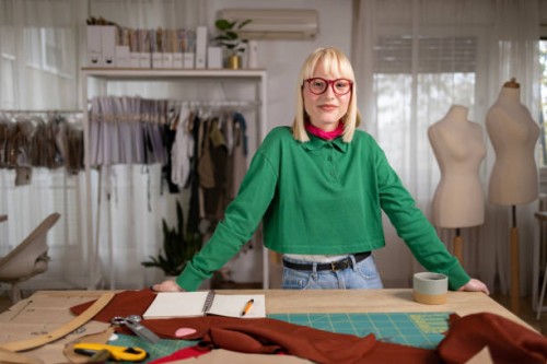 smiling female designer in a clothing studio. - fashion stock pictures, royalty-free photos & images