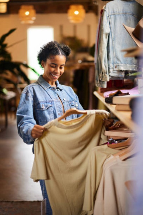 smiling woman looking at shirt while shopping in a clothing store - fashion stock pictures, royalty-free photos & images