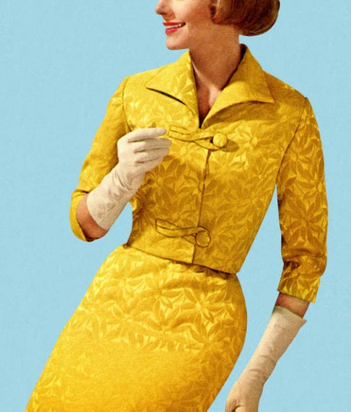 smiling woman wearing vintage yellow suit - fashion stock illustrations