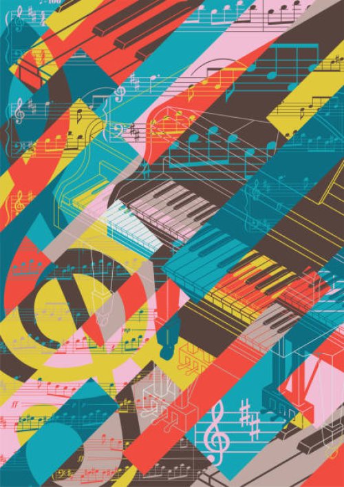 solo grand piano classical music abstract collage background concert poster - concert stock illustrations