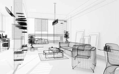 soporte 3d interiores modernos. cianotipo. render imagen. arquitectura abstract. - home decoration fotografías e imágenes de stock