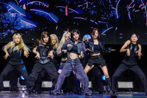 South Korean K-pop girl group aespa perform during a media showcase in Seoul on May 27 prior to the release of their album "Armageddon" later that...