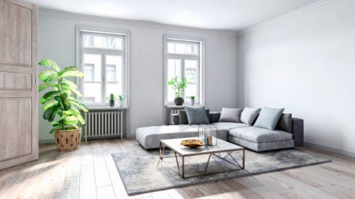 spacious empty living room with wooden flooring - home decoration stock illustrations