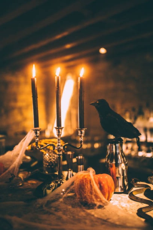 spooky decoration at halloween party with candles - home decoration stock pictures, royalty-free photos & images