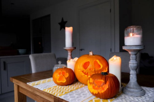 spooky halloween pumpkins - home decoration stock pictures, royalty-free photos & images