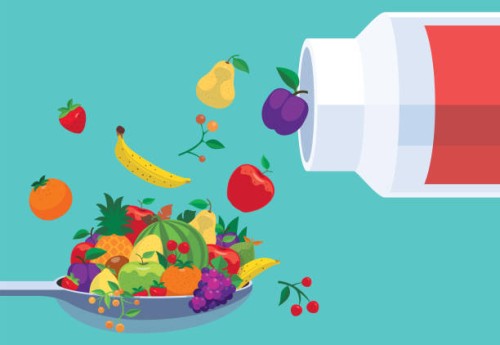 spoon of fruits and pill bottle - food stock illustrations