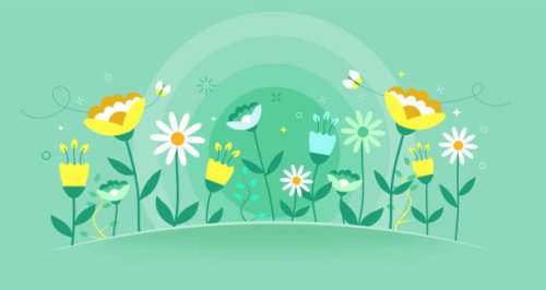 spring garden pattern with wildflowers, tulips and daisies - garden decoration stock illustrations
