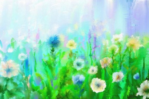 spring meadow, oil painting - garden decoration stock illustrations