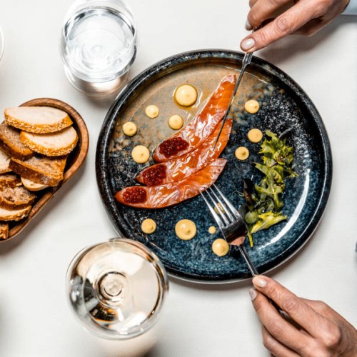 square view from above at the fine dining plate - food stock pictures, royalty-free photos & images