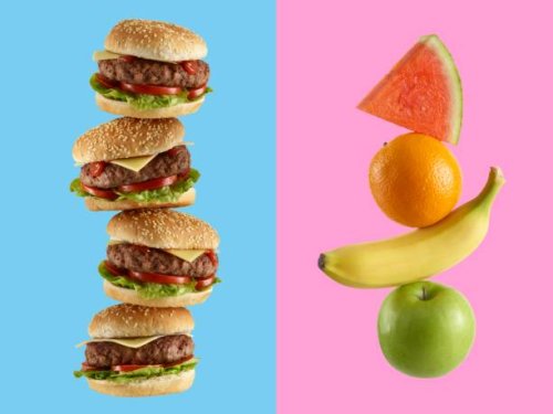 stack of hamburgers and stack of fruit - junk food stock pictures, royalty-free photos & images