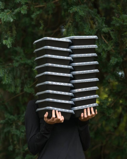 stack of plastic food containers in hands on green background. microwave meal prep. black plastic tray with transparent lid for food storage and packaging. food delivery. lunch boxes. plastic concept. - junk food stock pictur