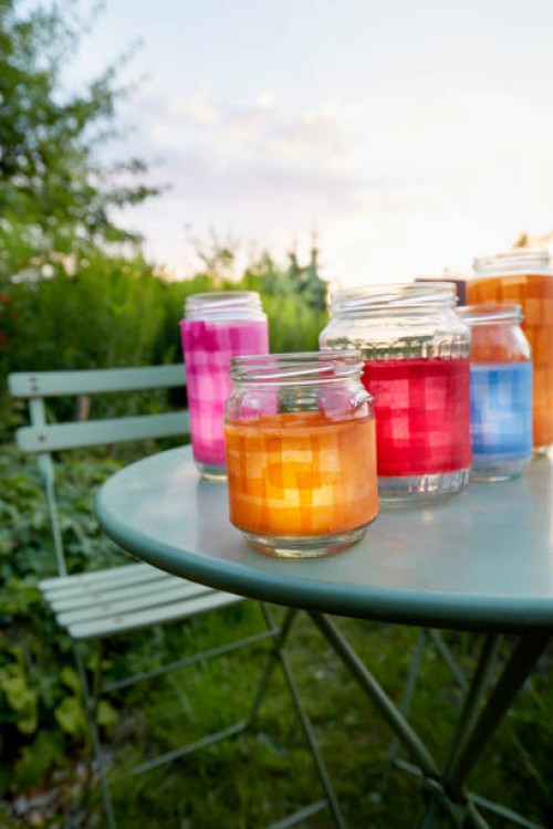 still life of handmade lanterns in garden at sunset - garden decoration stock pictures, royalty-free photos & images