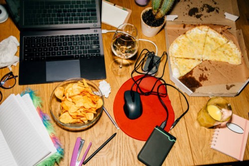 still life shot of various items at an home workstation - food stock pictures, royalty-free photos & images