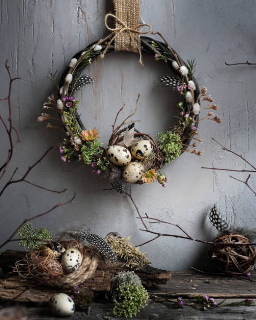 still life with easter wreath in modern scandinavian eco style on a gray concrete texture wall and natural elements on a table from old wooden boards - home decoration stock pictures, royalty-free photos & images