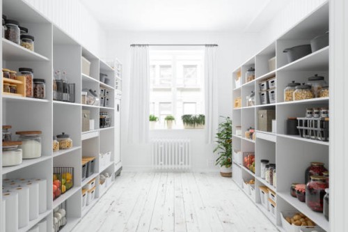 storage room with organised pantry items, non-perishable food staples, preserved foods, healty eatings, fruits and vegetables. - food stock pictures, royalty-free photos & images