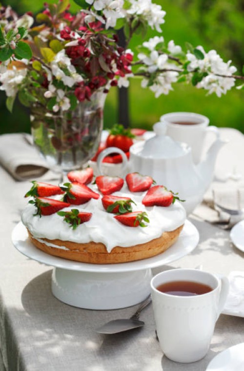 strawberry cake and tea in the garden. garden party. afternoon tea - garden decoration stock pictures, royalty-free photos & images