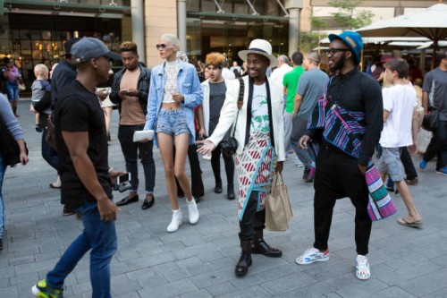 Street fashion at Mercedes Benz Joburg Fashion Week on March 12 at Nelson Mandela Square Johannesburg, South Africa.