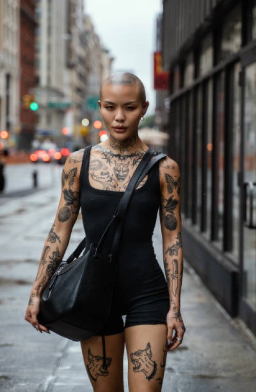 street portrait of a young, beautiful bald woman with many tattoos - fashion stock pictures, royalty-free photos & images
