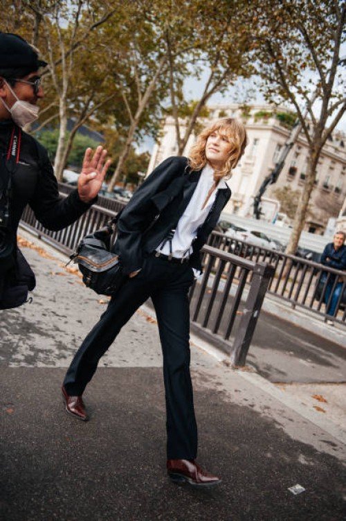 Street style at the Spring 2024 Paris Fashion Week Runway Shows on October 3, 2023 in Paris, France.