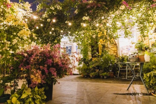 string light illuminated at night in the garden with lots of flowers - garden decoration stock pictures, royalty-free photos & images