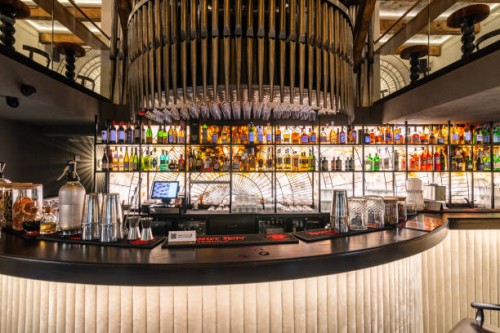 stylish and illuminated bar counter - home decoration stock pictures, royalty-free photos & images