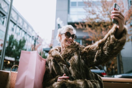 stylish and quirky senior woman takes selfie - fashion stock pictures, royalty-free photos & images