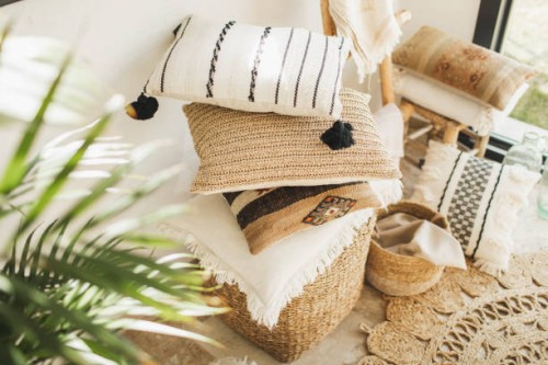 stylish boho interior of living room with elegant accessories. - home decoration stock pictures, royalty-free photos & images