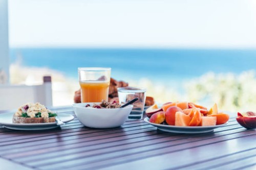 summer breakfast on vacation, europe - food stockfoto's en -beelden