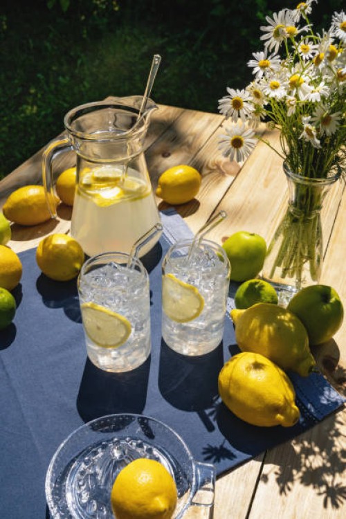 summer lemonade with lemons on garden table. mocktail - garden decoration photos et images de collection