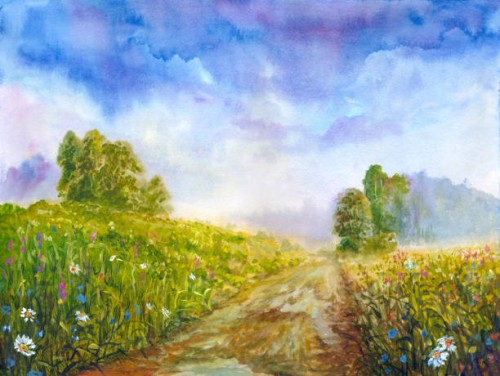 summer meadow after the rain, watercolor painting - garden decoration stock illustrations