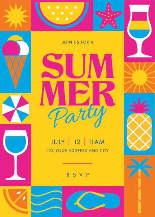 summer party geometric poster with simple geometry shapes and figures. - food stock illustrations