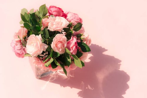 summer scene with pink rose flowers in the vases. sun and shadows. minimal nature background. - garden decoration stock pictures, royalty-free photos & images