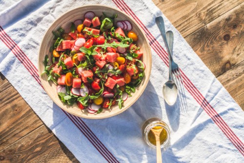 summer watermelon salad at sunset - food stock pictures, royalty-free photos & images