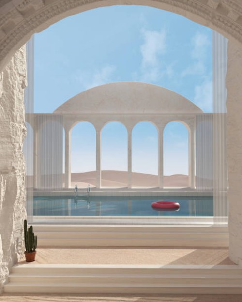 surreal 3d scene with pool, desert dreamscape - fashion stock pictures, royalty-free photos & images