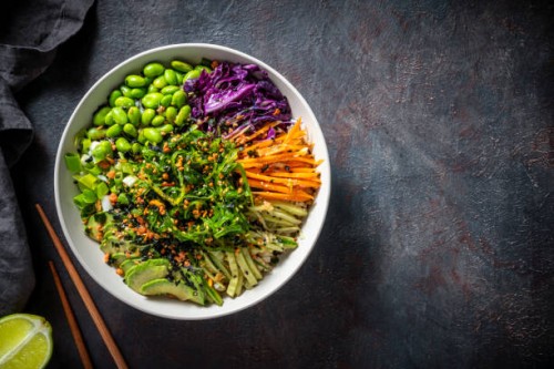 sushi bowl also poke bowl vegan plant based asian recipe - food stock pictures, royalty-free photos & images