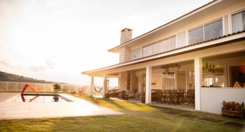 swimming pool in the backyard of a modern home - garden decoration stock pictures, royalty-free photos & images