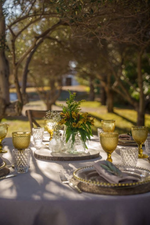 table ready for a picnic in the garden - garden decoration stock pictures, royalty-free photos & images