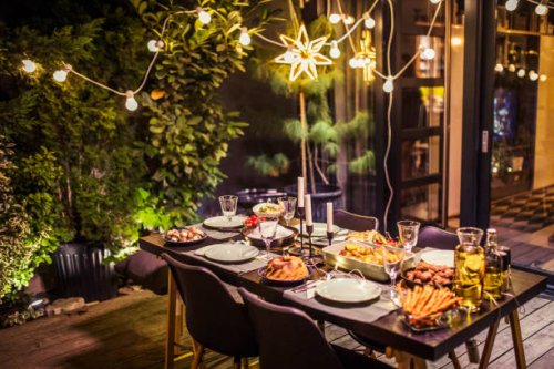 table ready for dinner party - garden decoration stock pictures, royalty-free photos & images