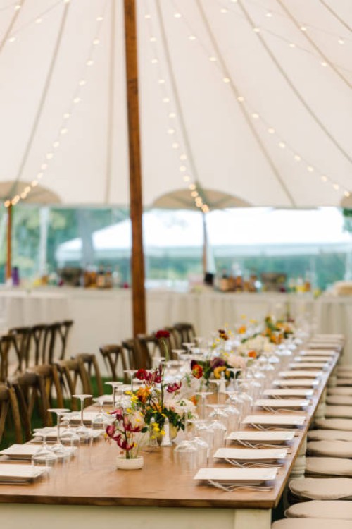 table setting at backyard tent wedding - garden decoration stock pictures, royalty-free photos & images
