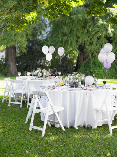 tables set for celebration in garden - garden decoration stock pictures, royalty-free photos & images