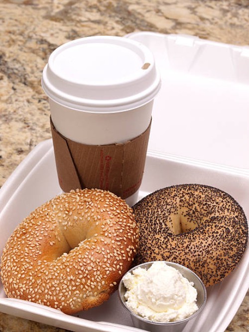 take-out bagels and coffee - junk food stock pictures, royalty-free photos & images