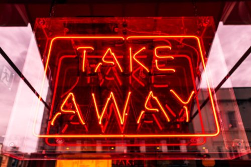 take away illuminated neon sign at the restaurant entrance - junk food stock pictures, royalty-free photos & images