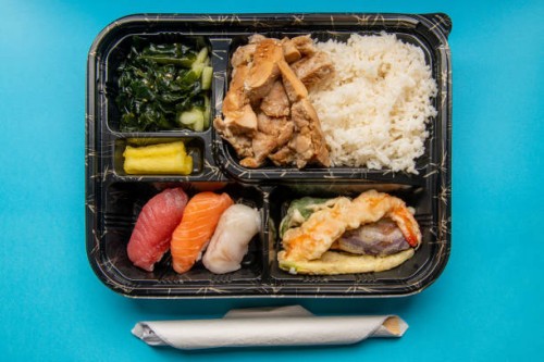 take away japanese food on a plastic tray - junk food stock pictures, royalty-free photos & images