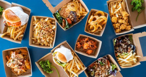 takeout food background. - junk food stock pictures, royalty-free photos & images
