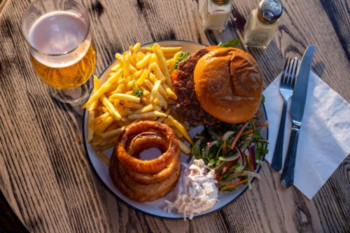 tasty burger with sides - junk food stock pictures, royalty-free photos & images