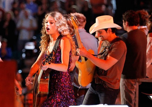 Taylor Swift and Brad Paisley perform onstage during Brooks & Dunn's The Last Rodeo Show at MGM Grand Garden Arena on April 19, 2010 in Las Vegas,...