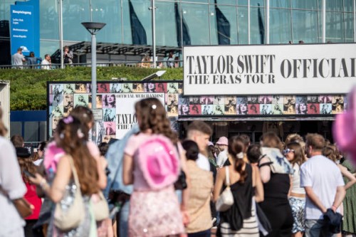 Taylor Swift fans gather prior to the pop singer's concert in front of the Veltins Arena on July 17, 2024 in Gelsenkirchen, Germany. In addition to...