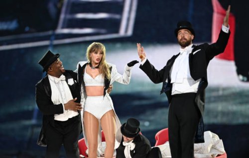 Taylor Swift is joined on stage by Travis Kelce , during "Taylor Swift | The Eras Tour" at Wembley Stadium on June 23, 2024 in London, England.