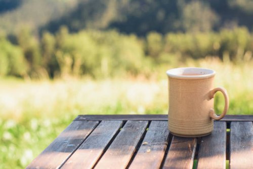 taza de café o te sobre mesa de madera en el jardín - garden decoration stock pictures, royalty-free photos & images