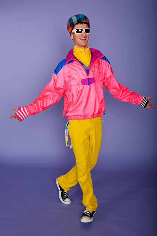 teenager in 1980s fluorescent pink and yellow with cap - fashion stock pictures, royalty-free photos & images